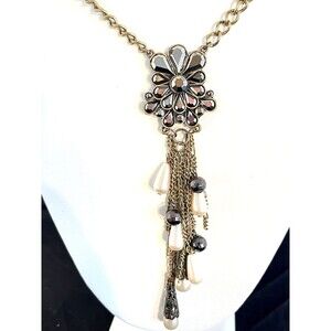 New Antique Gold Necklace Hematite Tone Simulated Pearl Tassel - 6N